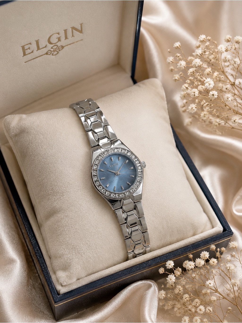 Elgin Stainless Steel Watch With Blue Dial And Crystal Bezel